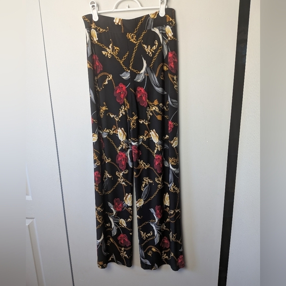 LAURA Women Wide Leg Pants Size 6 Black Red And Gold Colors Stretch Chains Roses - Picture 5 of 8